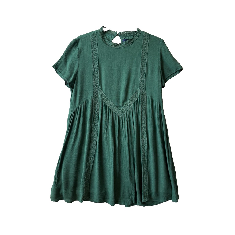 Blue Rain Boho Green Crinkle Babydoll Lace Mini Dress Tunic Top L Peasant Flowy